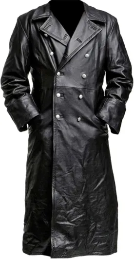 Mens Genuine Leather Trench Coat German Military Officer Uniform Long Black Leather Pea Coat WW2 Trench Coat