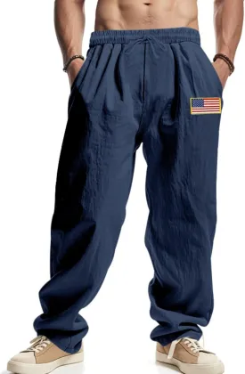 Mens Linen Pants USA Flag Fashion Vintage Loose Fit Wide Legs Trousers Drawstring Waisted Yoga Pants with Pockets