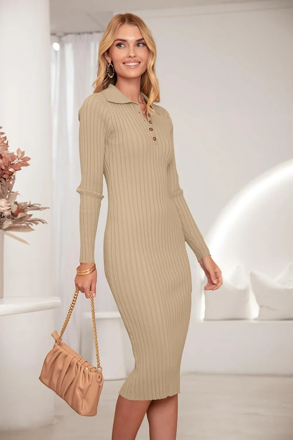 MEROKEETY Womens 2024 V Neck Ribbed Sweater Dress Long Sleeve Bodycon Knit Midi Dresses