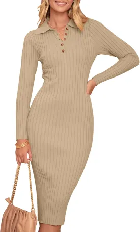 MEROKEETY Womens 2024 V Neck Ribbed Sweater Dress Long Sleeve Bodycon Knit Midi Dresses