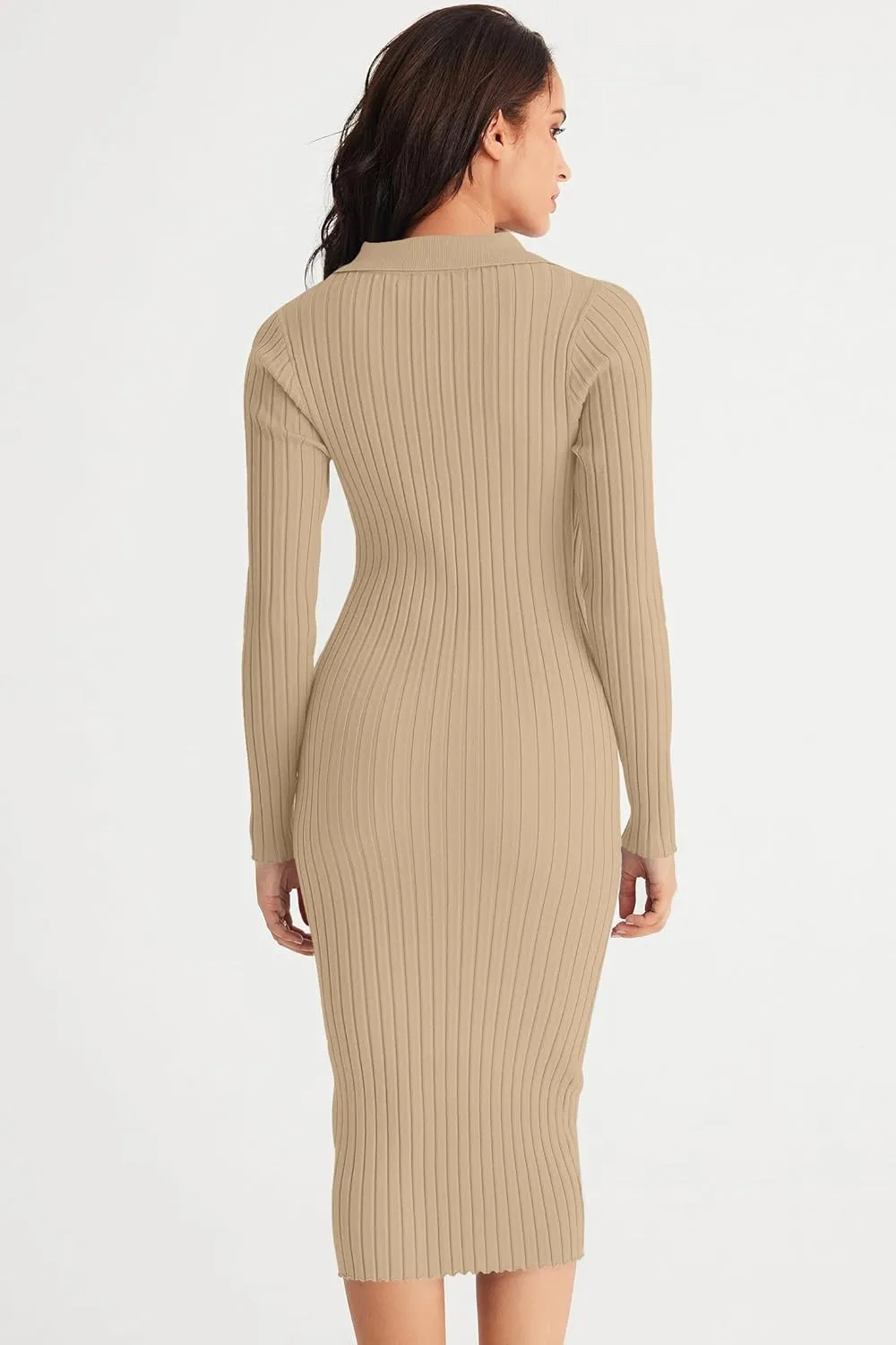 MEROKEETY Womens 2024 V Neck Ribbed Sweater Dress Long Sleeve Bodycon Knit Midi Dresses