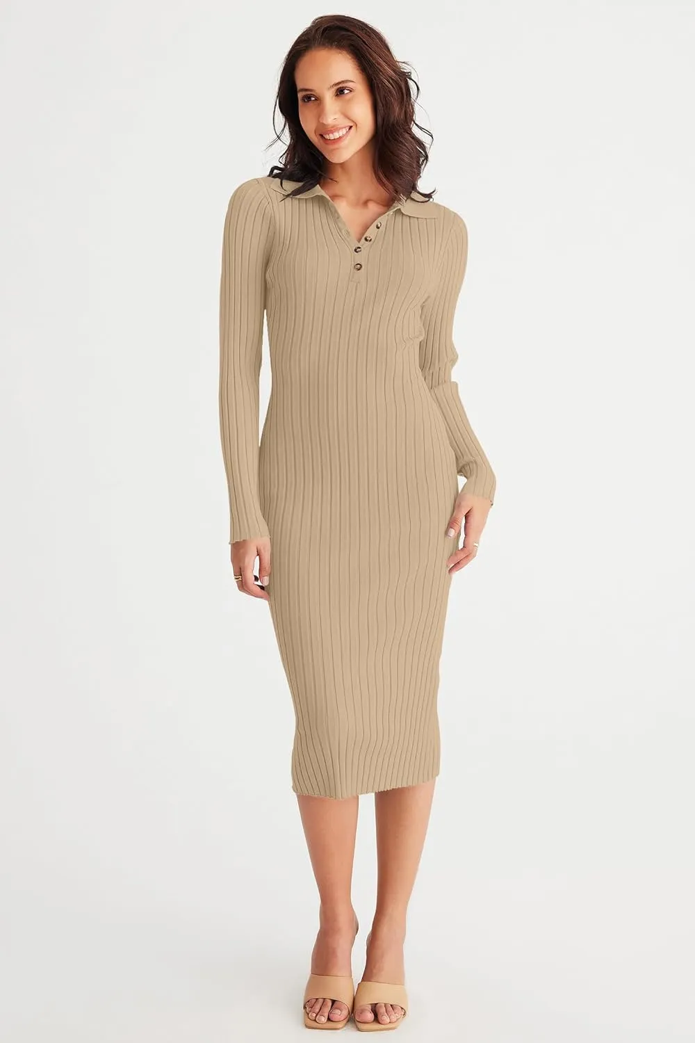 MEROKEETY Womens 2024 V Neck Ribbed Sweater Dress Long Sleeve Bodycon Knit Midi Dresses