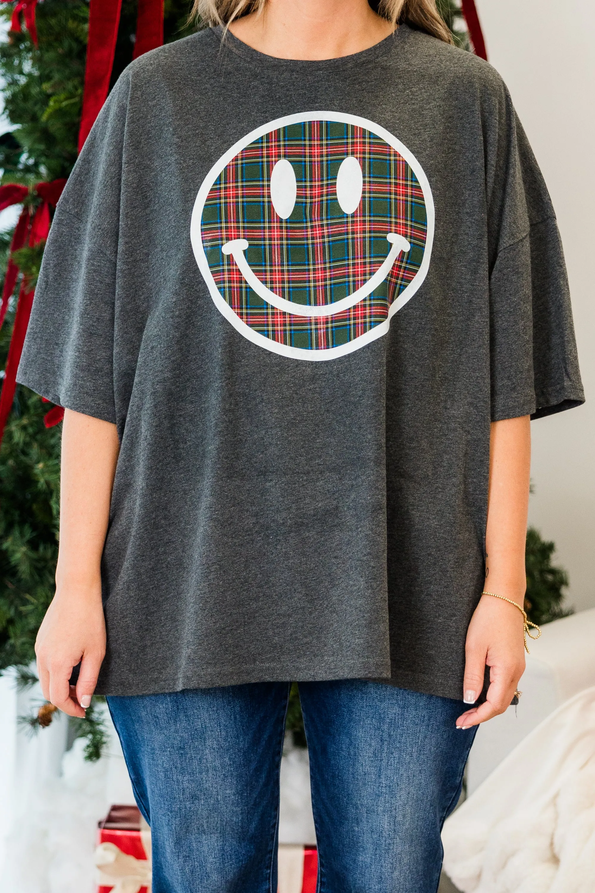 Plaid Smiley Boyfriend Tee, Charcoal