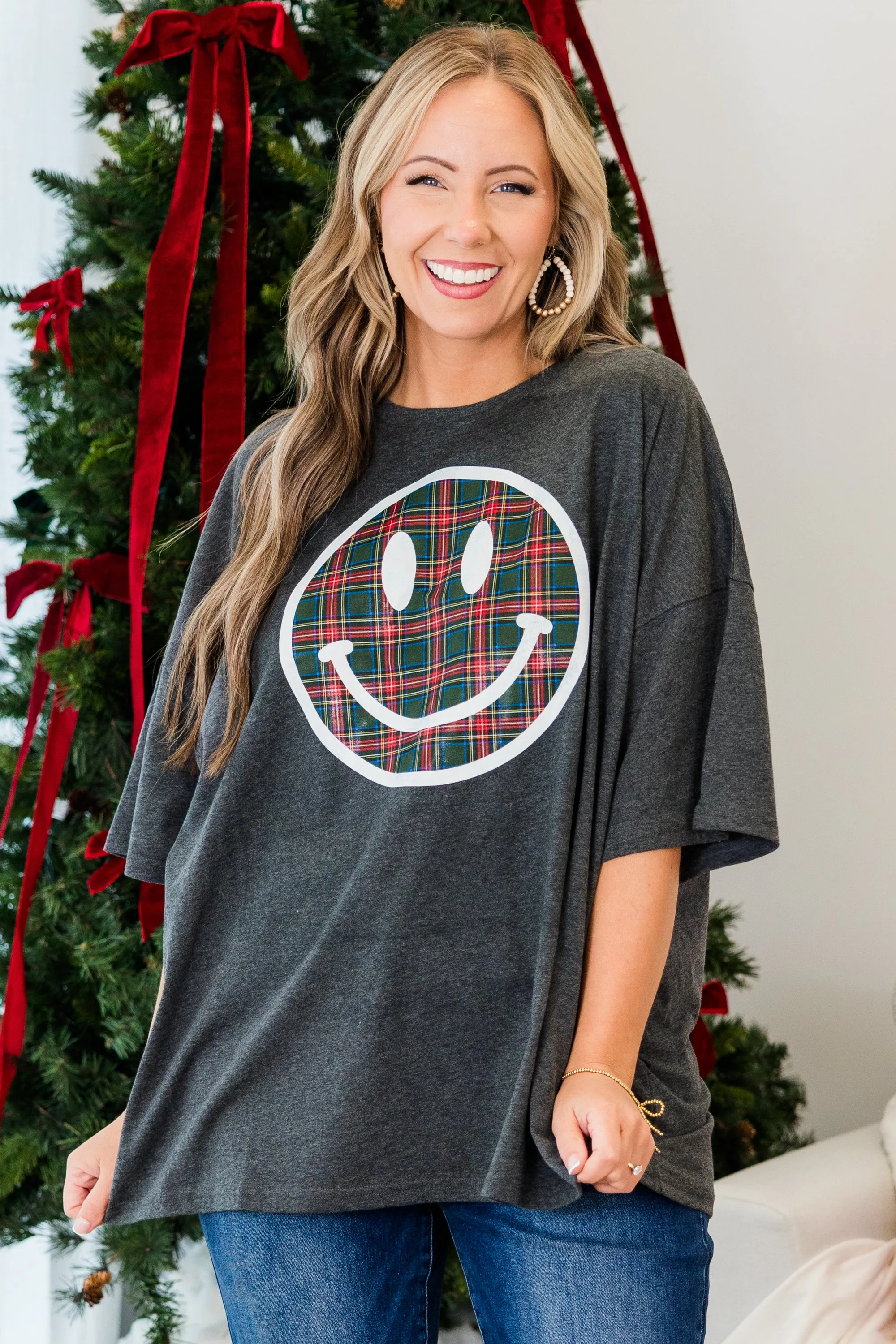 Plaid Smiley Boyfriend Tee, Charcoal