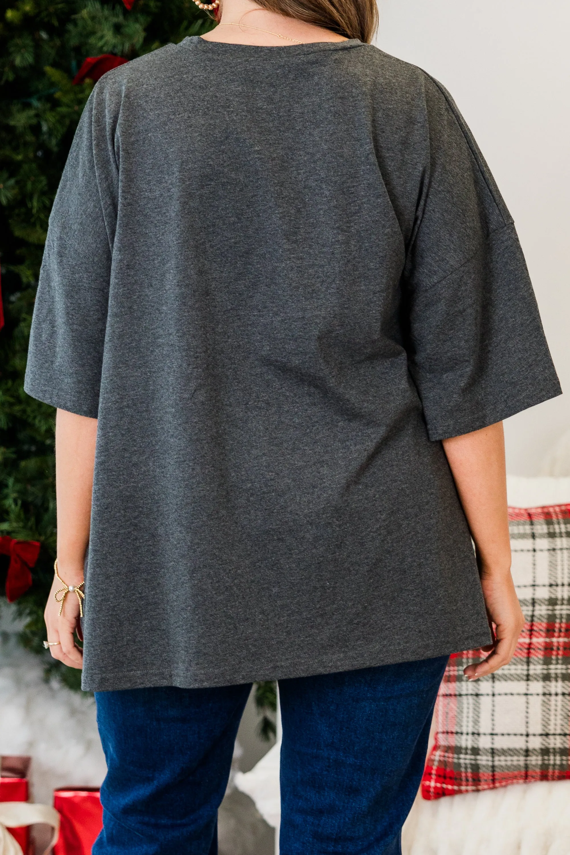 Plaid Smiley Boyfriend Tee, Charcoal