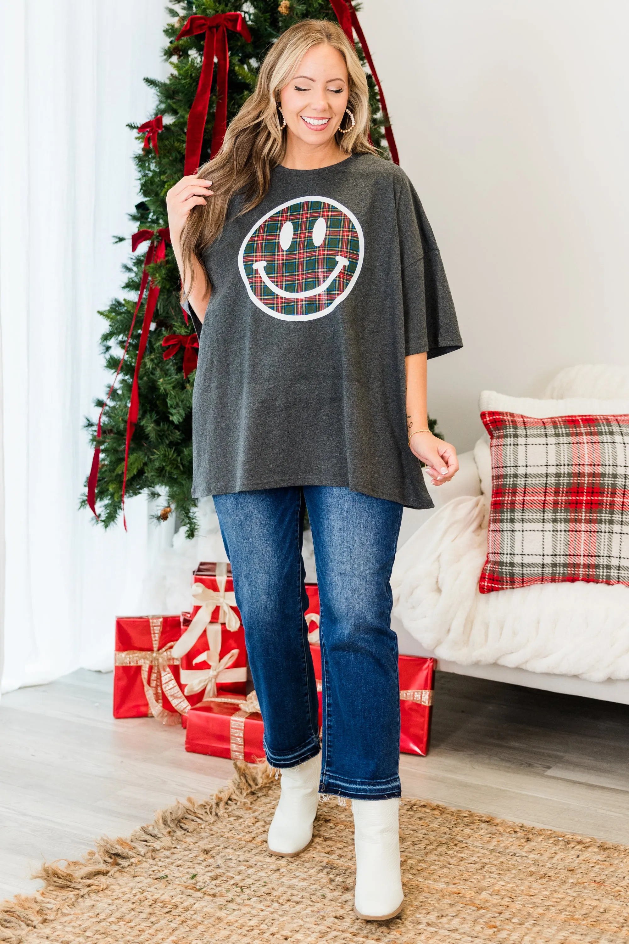 Plaid Smiley Boyfriend Tee, Charcoal
