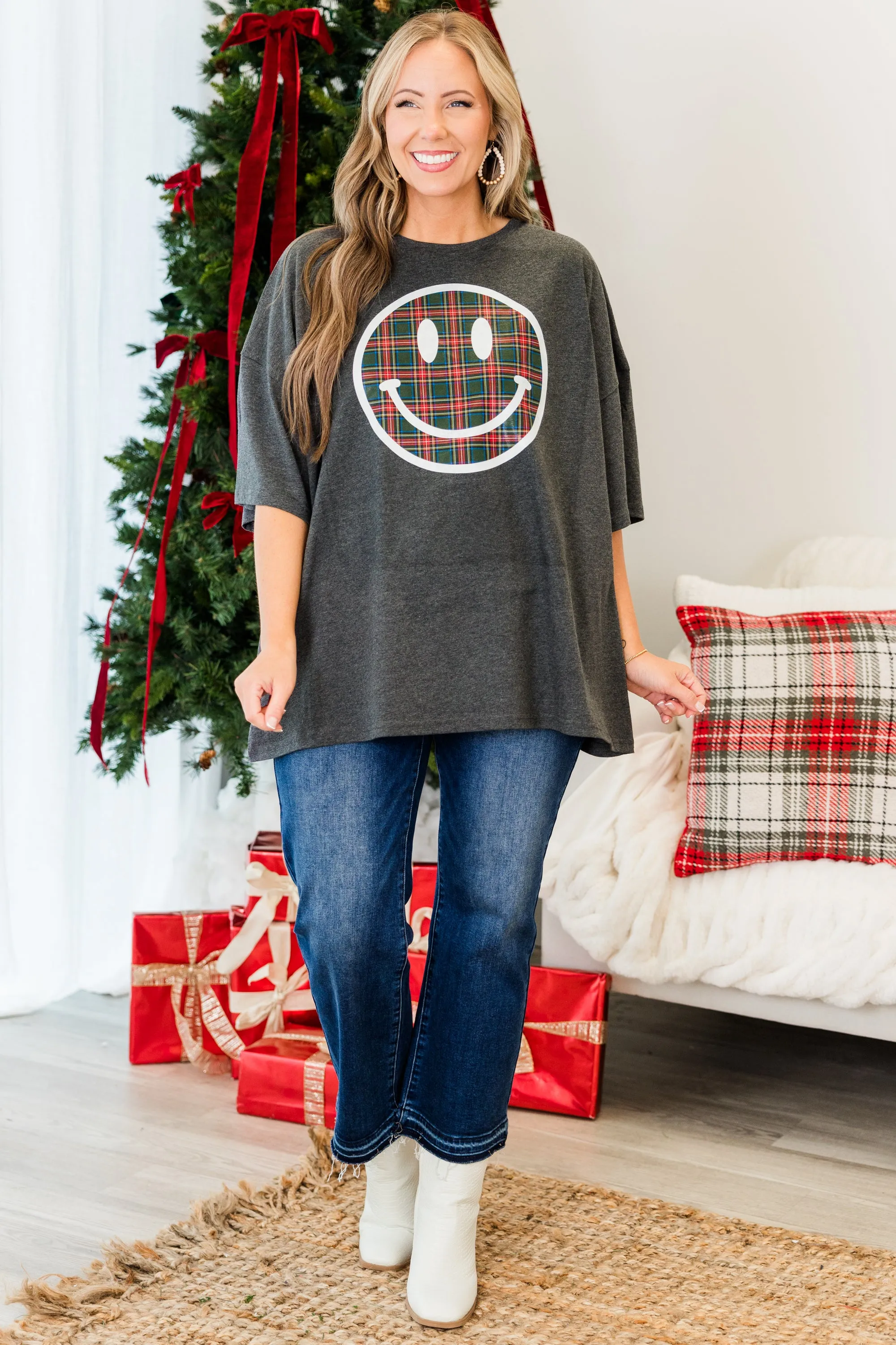 Plaid Smiley Boyfriend Tee, Charcoal