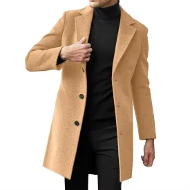 QWENTMTNTY Wool Pea Coats for Men Winter Slim Fit Casual Single Breasted Trench Coat Mid-Length Thermal Business Peacoat