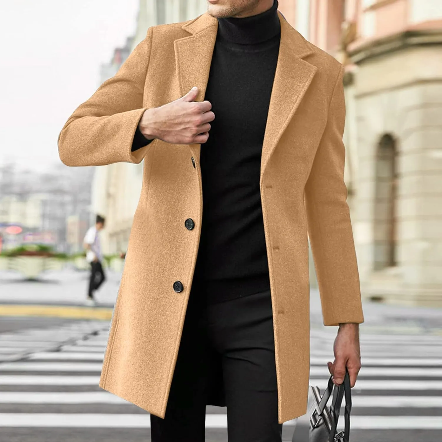 QWENTMTNTY Wool Pea Coats for Men Winter Slim Fit Casual Single Breasted Trench Coat Mid-Length Thermal Business Peacoat
