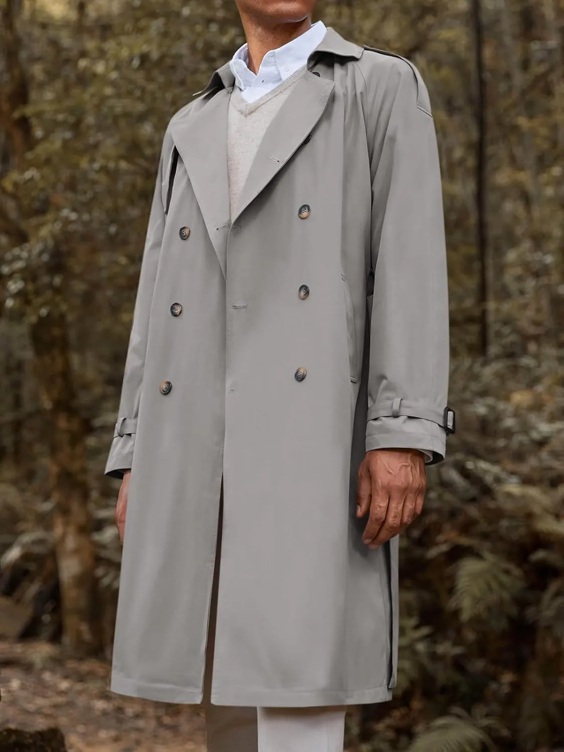 Runcati Mens Trench Coat Double Breasted Long Jacket Casual Windbreaker Notched Lapel Belted Overcoat