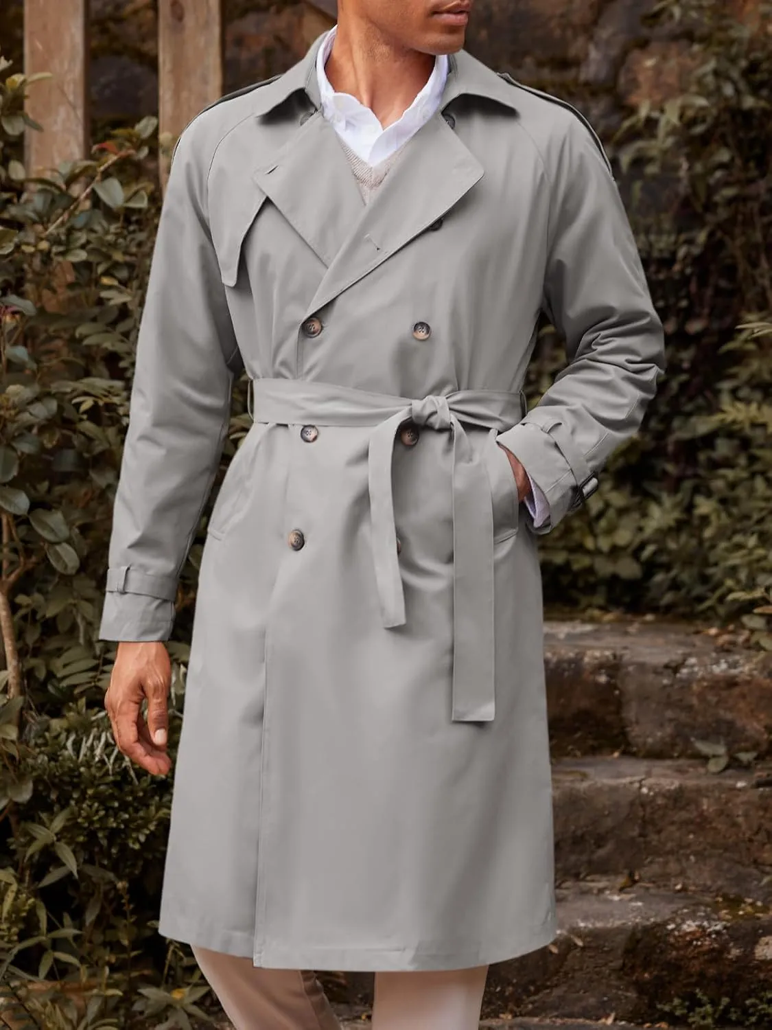 Runcati Mens Trench Coat Double Breasted Long Jacket Casual Windbreaker Notched Lapel Belted Overcoat