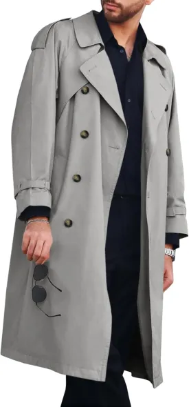 Runcati Mens Trench Coat Double Breasted Long Jacket Casual Windbreaker Notched Lapel Belted Overcoat