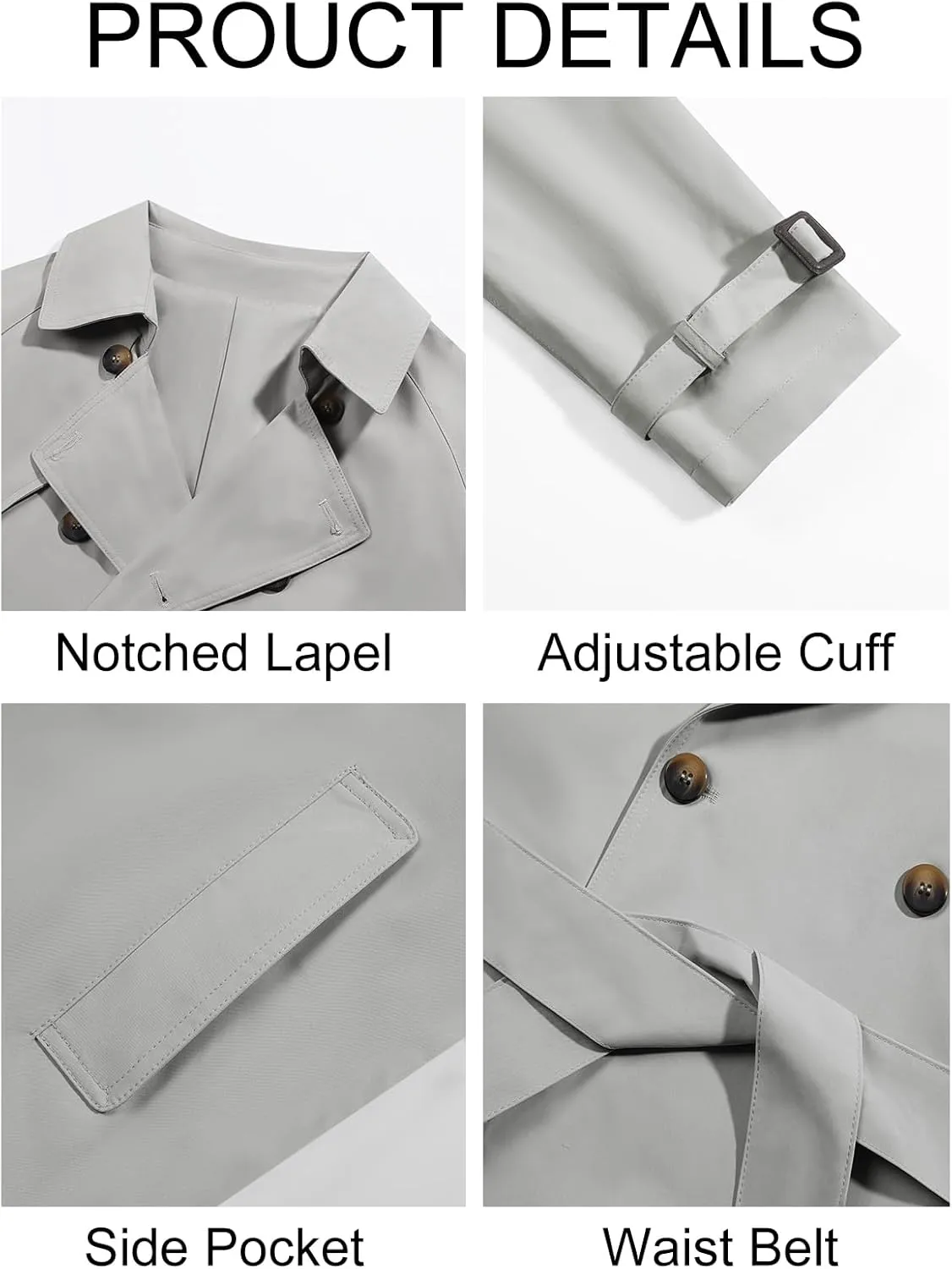 Runcati Mens Trench Coat Double Breasted Long Jacket Casual Windbreaker Notched Lapel Belted Overcoat