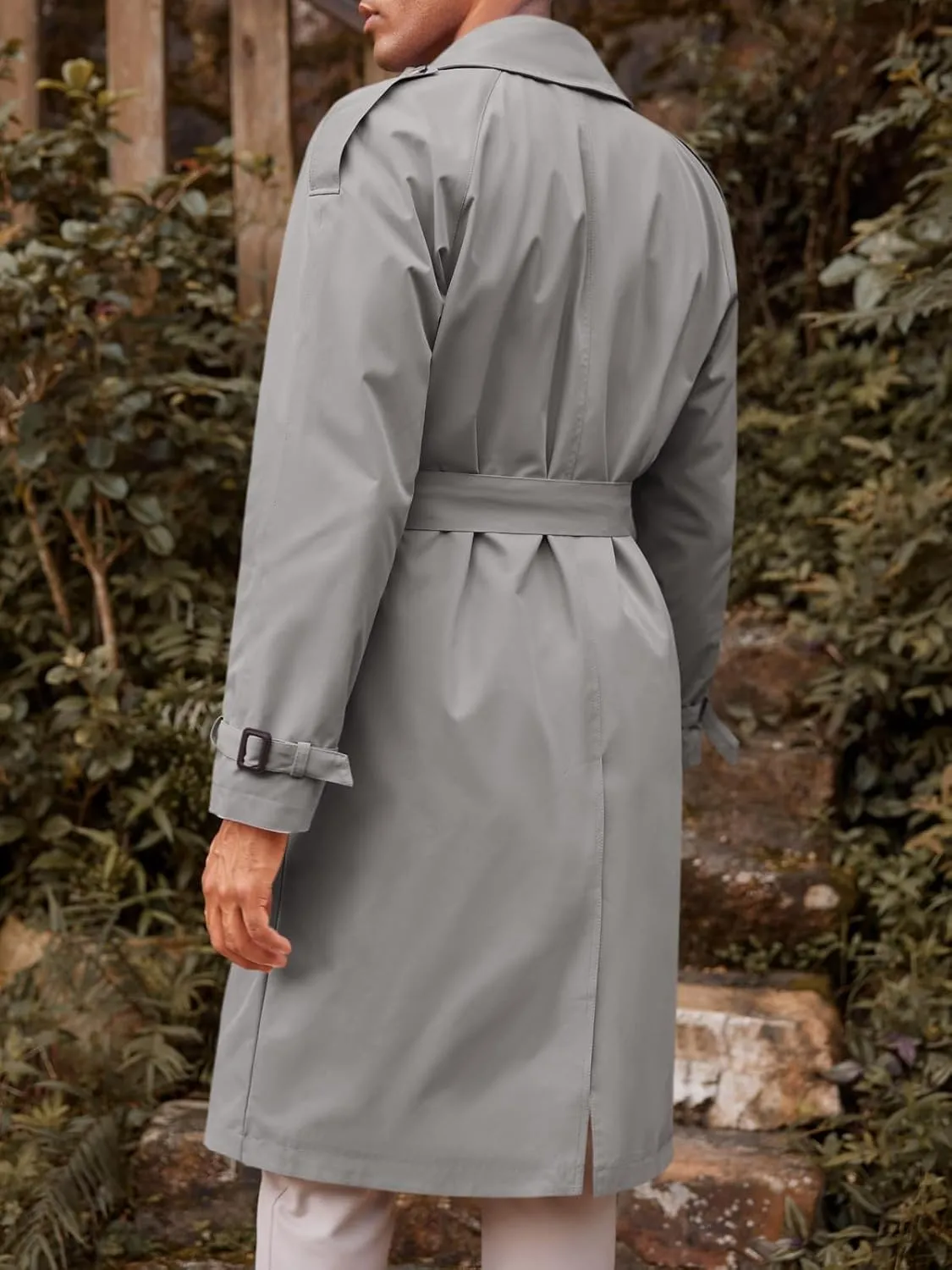 Runcati Mens Trench Coat Double Breasted Long Jacket Casual Windbreaker Notched Lapel Belted Overcoat