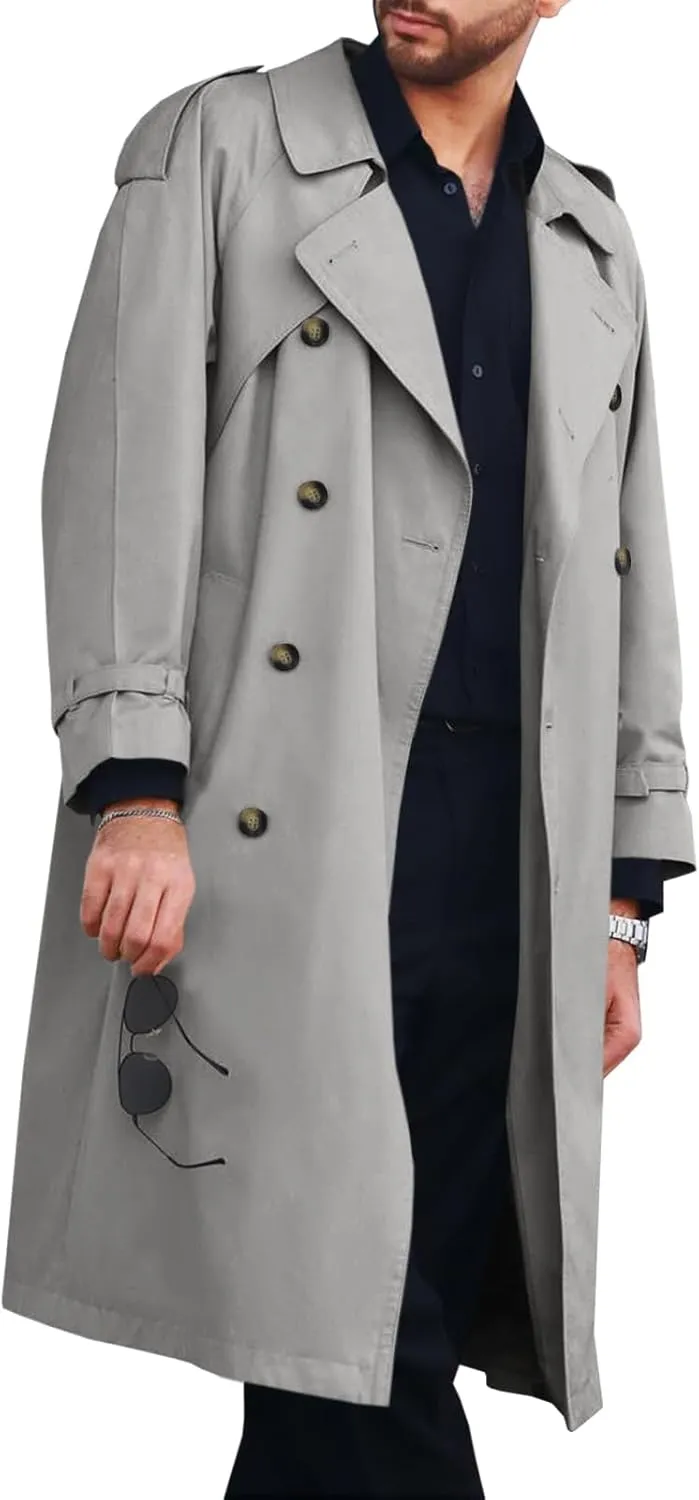 Runcati Mens Trench Coat Double Breasted Long Jacket Casual Windbreaker Notched Lapel Belted Overcoat