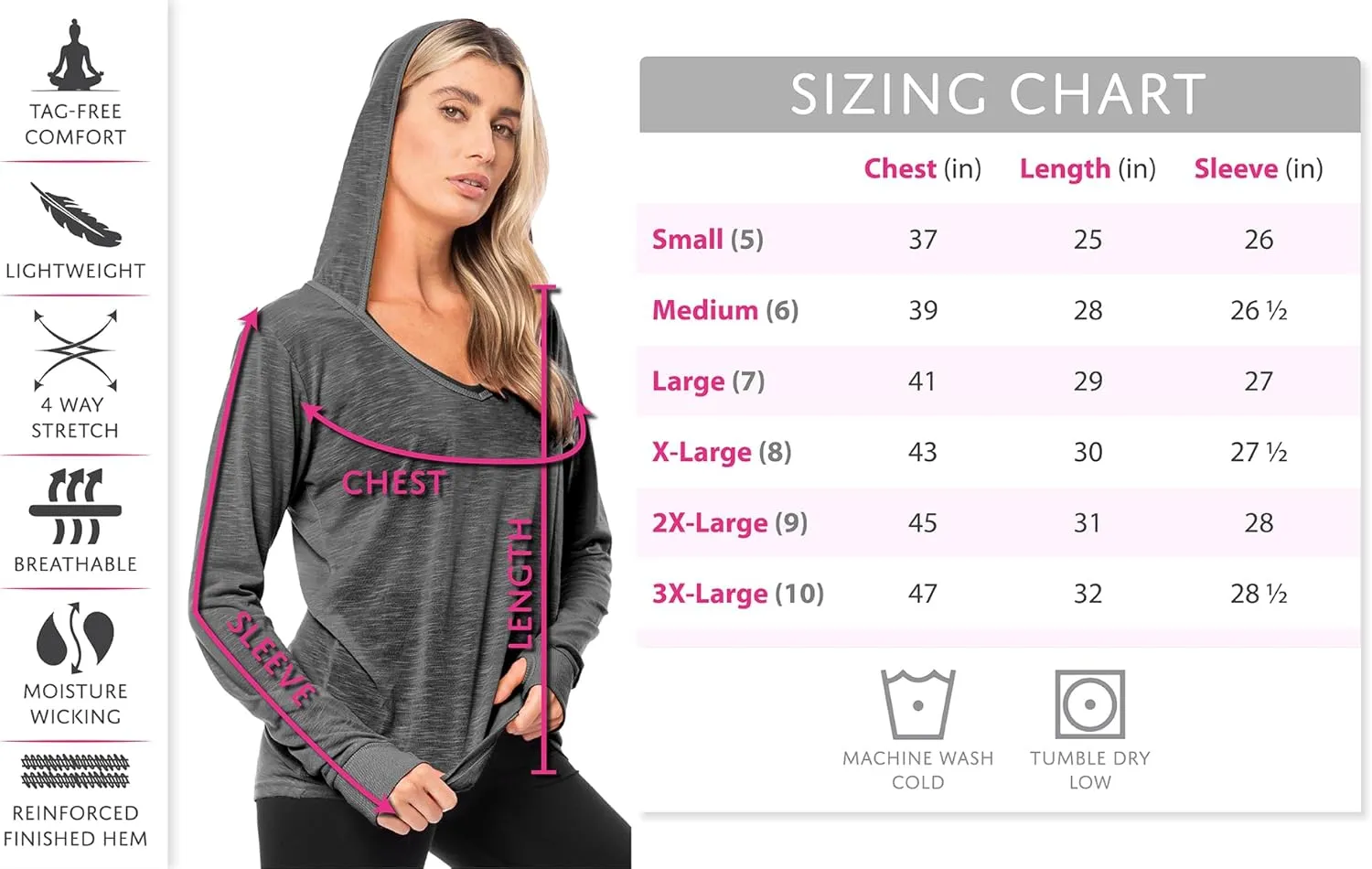 Sexy Basics Women's 3 Pack Long Sleeve Hoodie | V Neck Shirt with Thumb Hole Lightweight Active Top