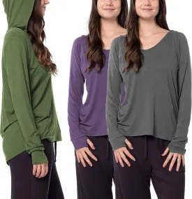 Sexy Basics Women's 3 Pack Long Sleeve Hoodie | V Neck Shirt with Thumb Hole Lightweight Active Top