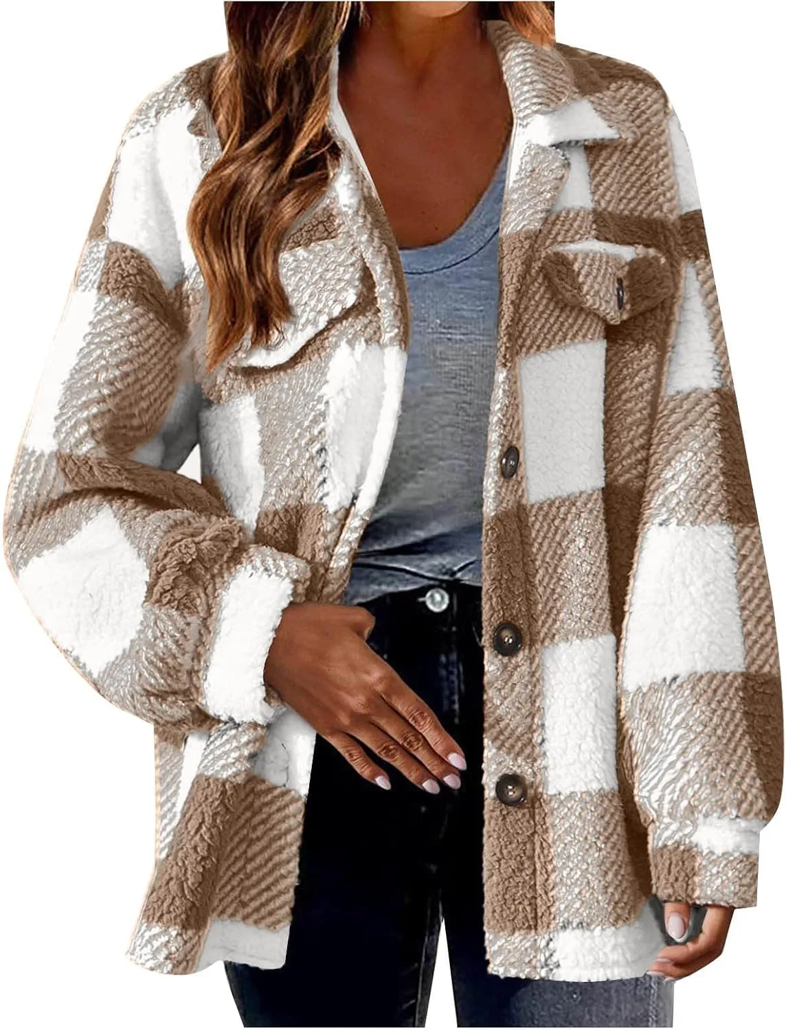 Sherpa Jacket Women Oversized Long Sleeve Furry Fleece Shacket Jackets Trendy Draped Plaid Button Down Winter Coats