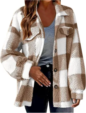 Sherpa Jacket Women Oversized Long Sleeve Furry Fleece Shacket Jackets Trendy Draped Plaid Button Down Winter Coats