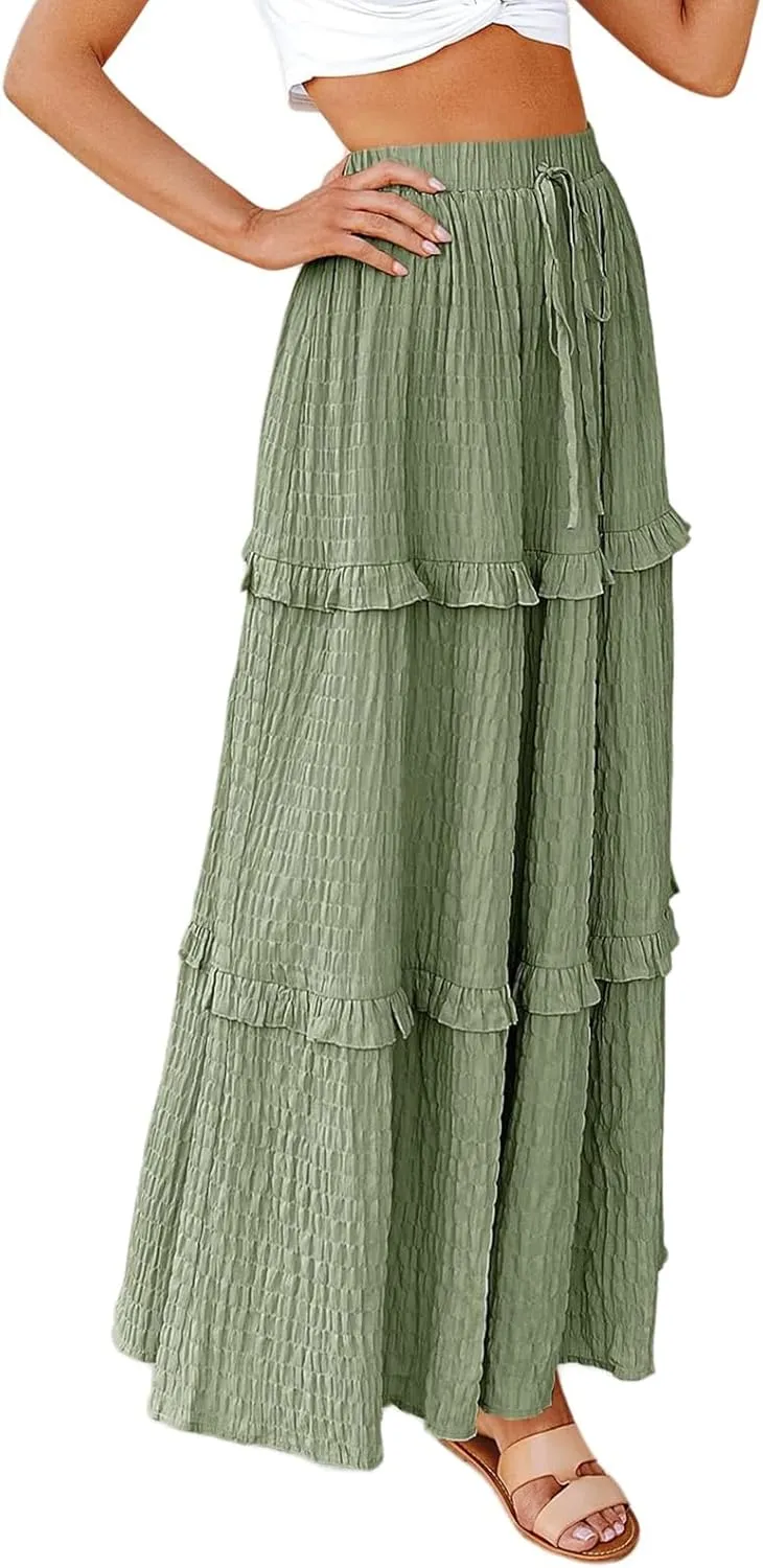 Summer Maxi Skirts for Women Casual High Waisted Drawstring Skirts Elegant Flowy Tiered Ruffle Hem A Line Long Skirt