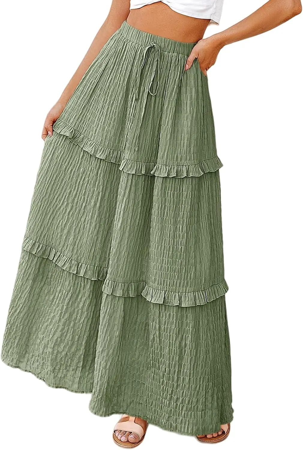 Summer Maxi Skirts for Women Casual High Waisted Drawstring Skirts Elegant Flowy Tiered Ruffle Hem A Line Long Skirt