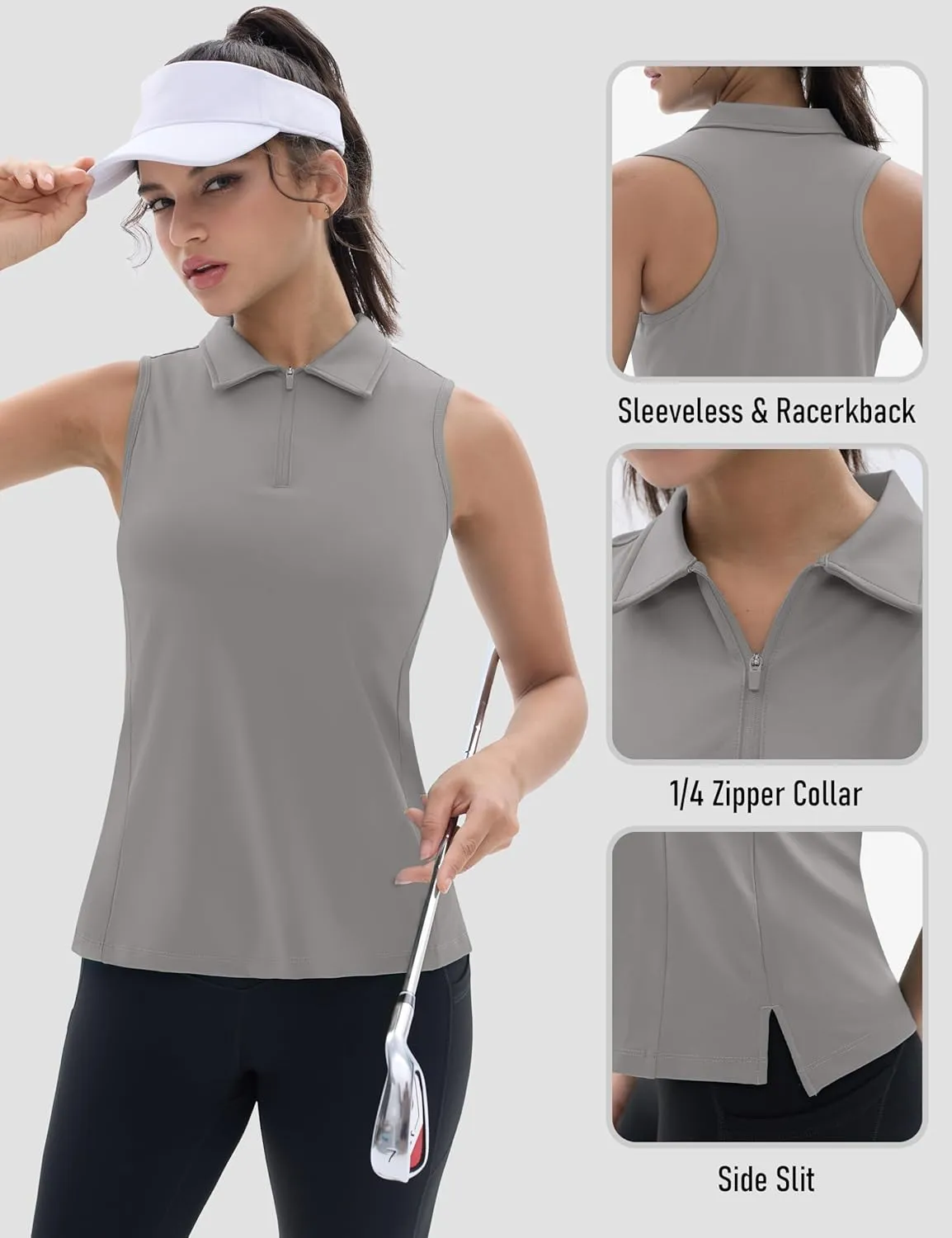 TACVASEN Womens Golf Shirts Sleeveless Racerback Polo Shirt UPF 50  Zip Up Moisture Wicking Workout Tennis Athletic Tank Tops