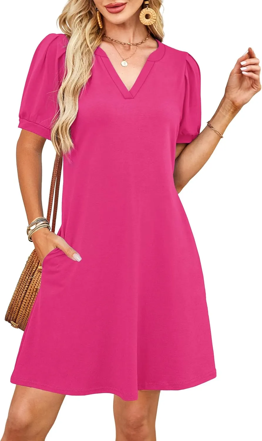 V-Neck Summer Casual Sundress for Women- Puff Short Sleeve Swing Beach Dress with Pockets