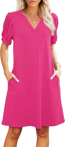V-Neck Summer Casual Sundress for Women- Puff Short Sleeve Swing Beach Dress with Pockets