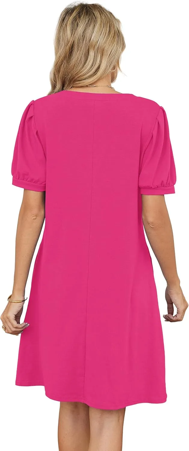 V-Neck Summer Casual Sundress for Women- Puff Short Sleeve Swing Beach Dress with Pockets