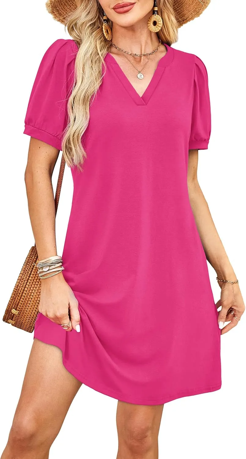 V-Neck Summer Casual Sundress for Women- Puff Short Sleeve Swing Beach Dress with Pockets