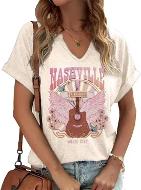 Vintage Rock Band T Shirt for Women V Neck Nashville Western Shirts Cowgirl Cowboy Graphic Tees Country Music Tops