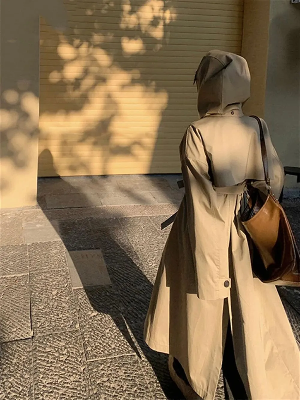 Women Fall Long Oversized Light Trench Coat With Hood Double Breasted Loose Casual Overcoat