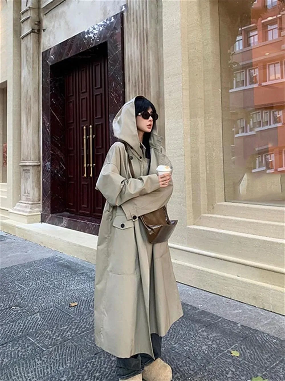Women Fall Long Oversized Light Trench Coat With Hood Double Breasted Loose Casual Overcoat