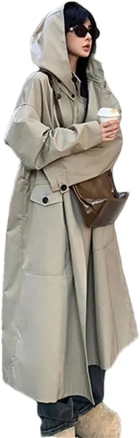 Women Fall Long Oversized Light Trench Coat With Hood Double Breasted Loose Casual Overcoat