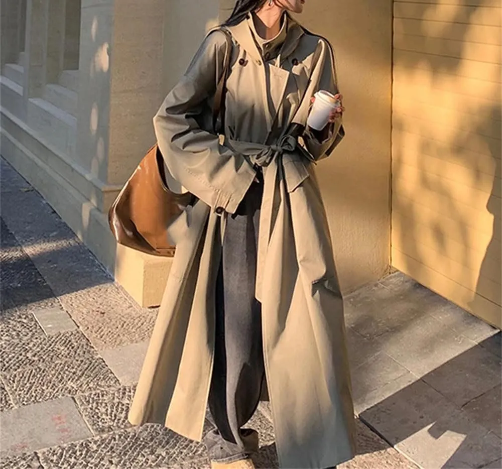 Women Fall Long Oversized Light Trench Coat With Hood Double Breasted Loose Casual Overcoat