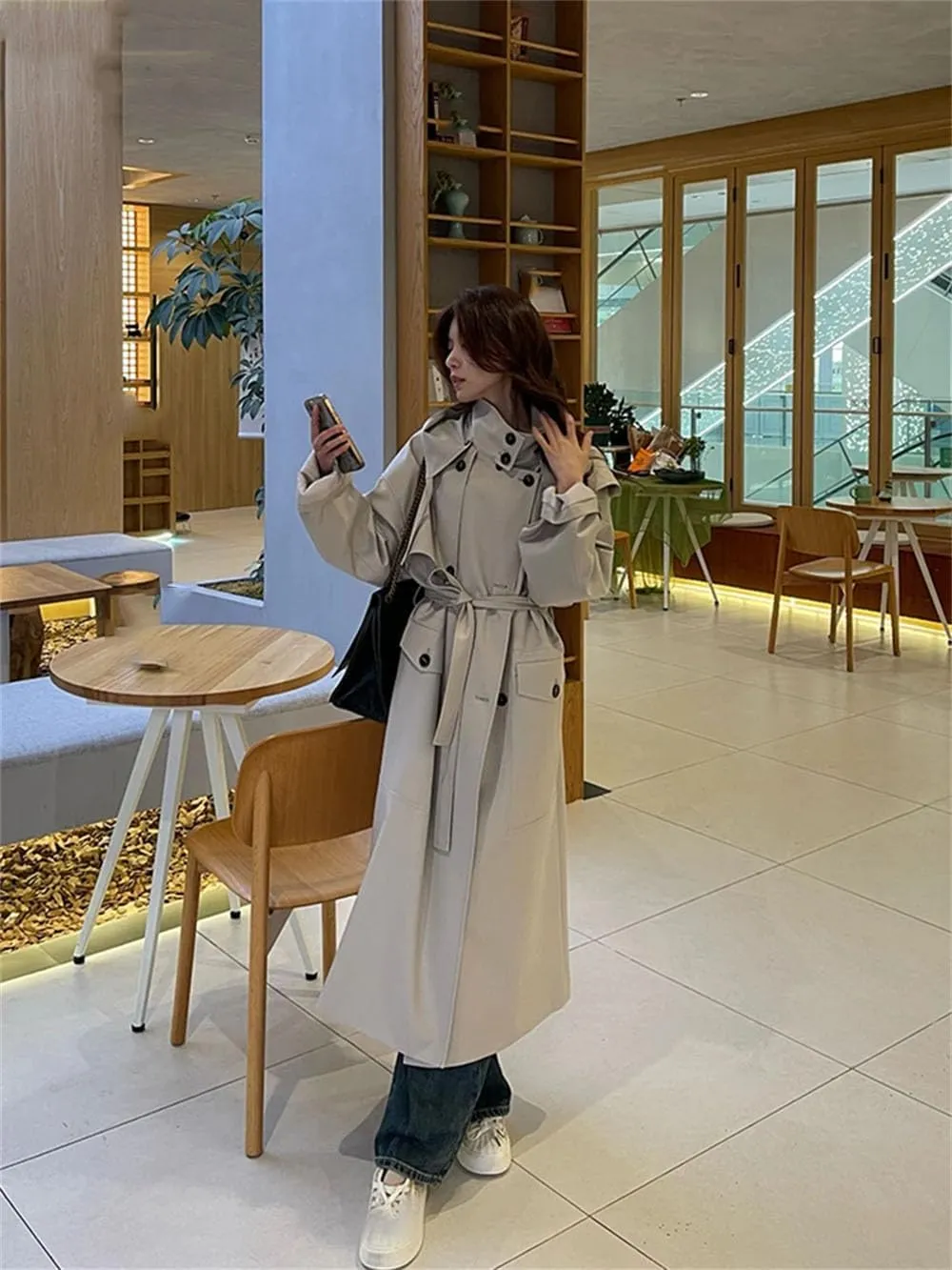 Women Fall Long Oversized Light Trench Coat With Hood Double Breasted Loose Casual Overcoat