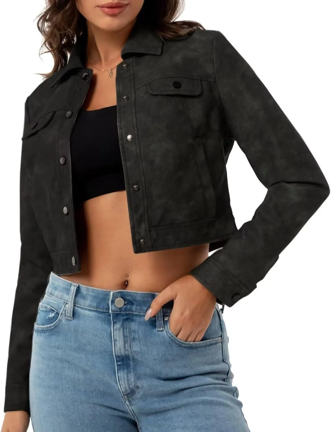 Women's Cropped Faux Leather Bomber Jacket Turn-Down Collar Flap Pocket Snap Retro Shape Coat