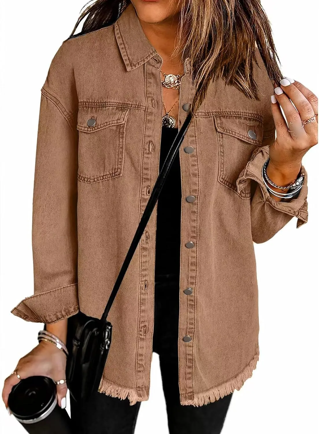 Womens Denim Jacket Oversized Button Down Frayed Hem Shacket Long Sleeve Lapel Shirt Casual Boyfriend Jacket
