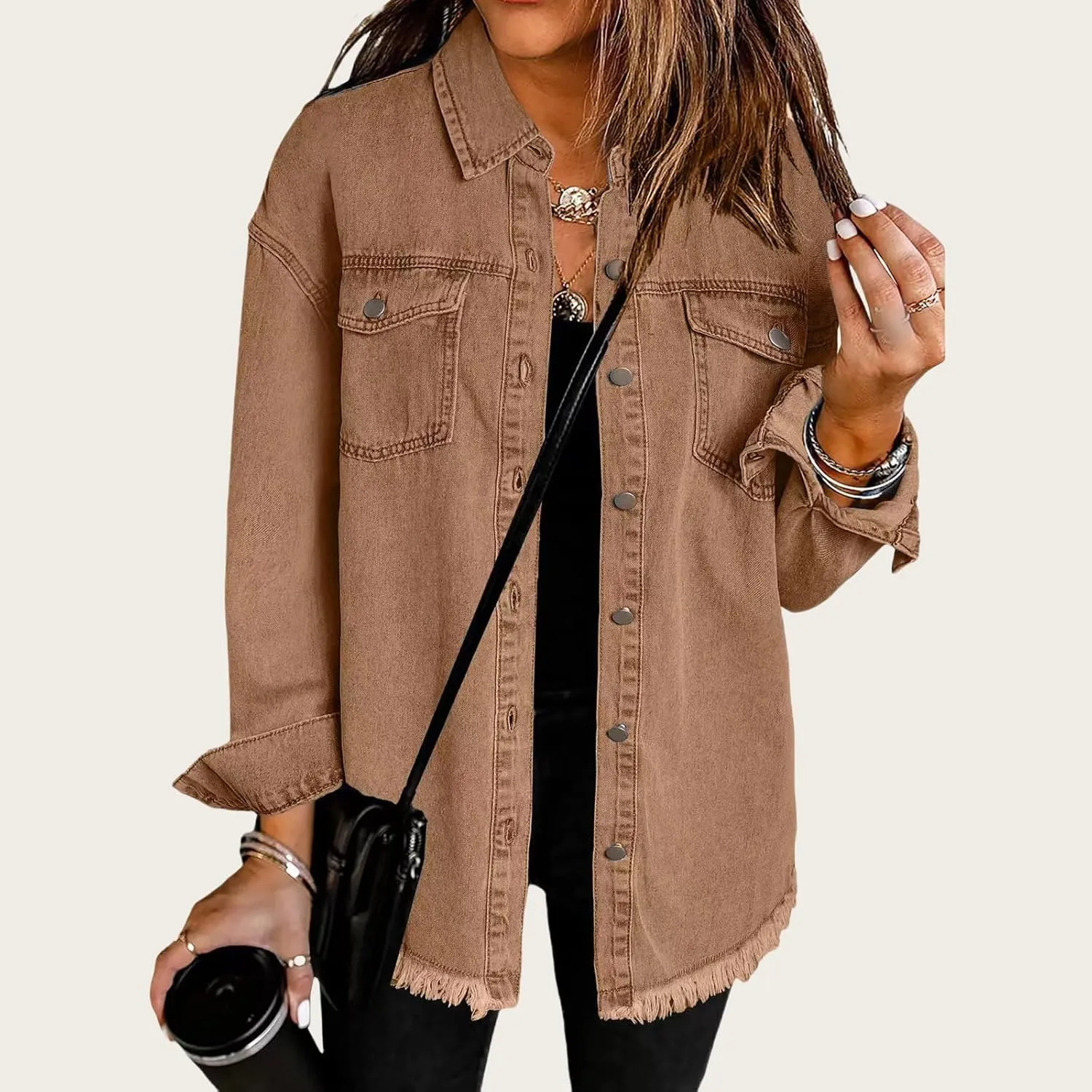 Womens Denim Jacket Oversized Button Down Frayed Hem Shacket Long Sleeve Lapel Shirt Casual Boyfriend Jacket