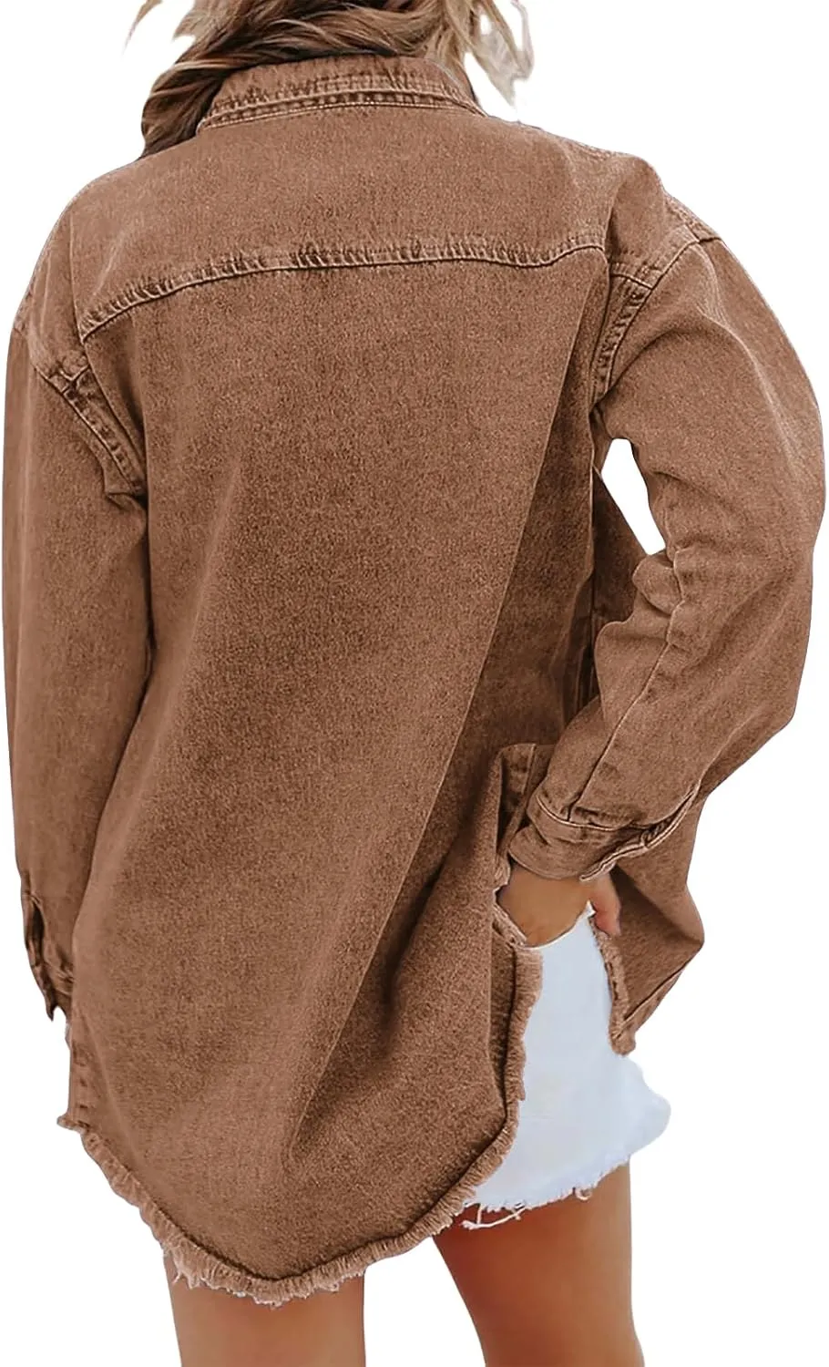 Womens Denim Jacket Oversized Button Down Frayed Hem Shacket Long Sleeve Lapel Shirt Casual Boyfriend Jacket