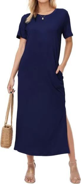 Womens Maxi Dresses Split Casual T Shirt Dress with Pockets Crew Neck Short Sleeve Summer Dresses