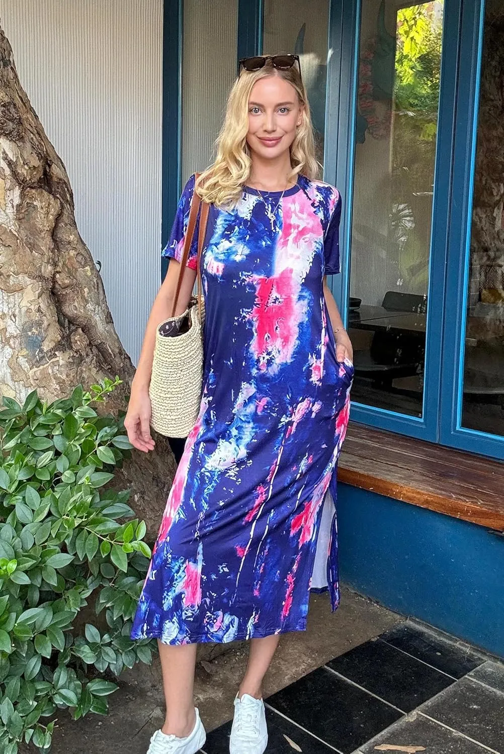 Womens Maxi Dresses Split Casual T Shirt Dress with Pockets Crew Neck Short Sleeve Summer Dresses