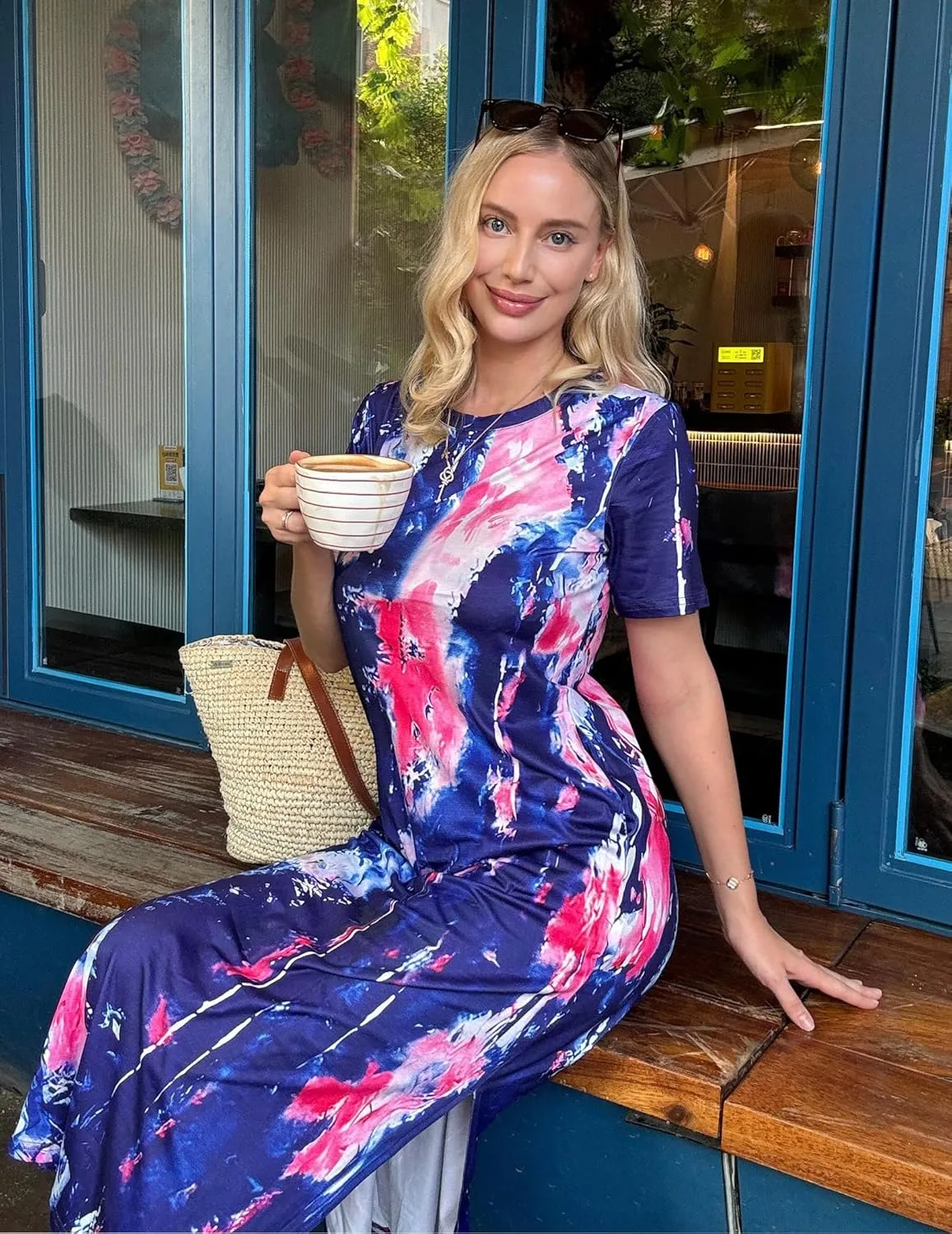 Womens Maxi Dresses Split Casual T Shirt Dress with Pockets Crew Neck Short Sleeve Summer Dresses