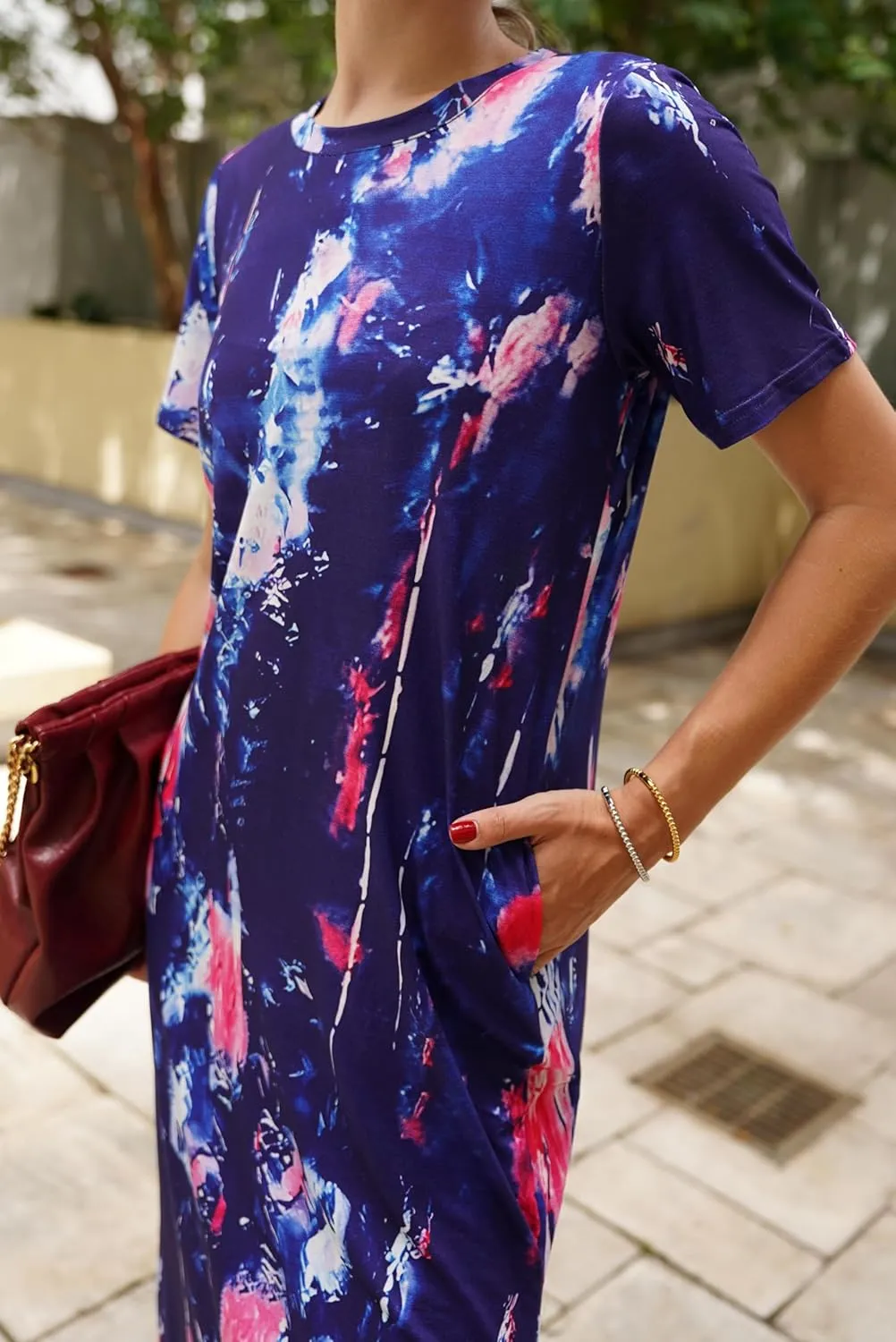 Womens Maxi Dresses Split Casual T Shirt Dress with Pockets Crew Neck Short Sleeve Summer Dresses