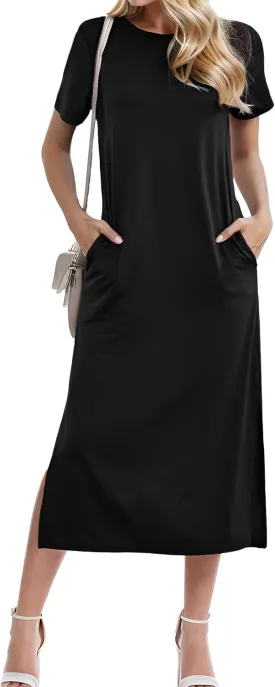 Womens Maxi Dresses Split Casual T Shirt Dress with Pockets Crew Neck Short Sleeve Summer Dresses
