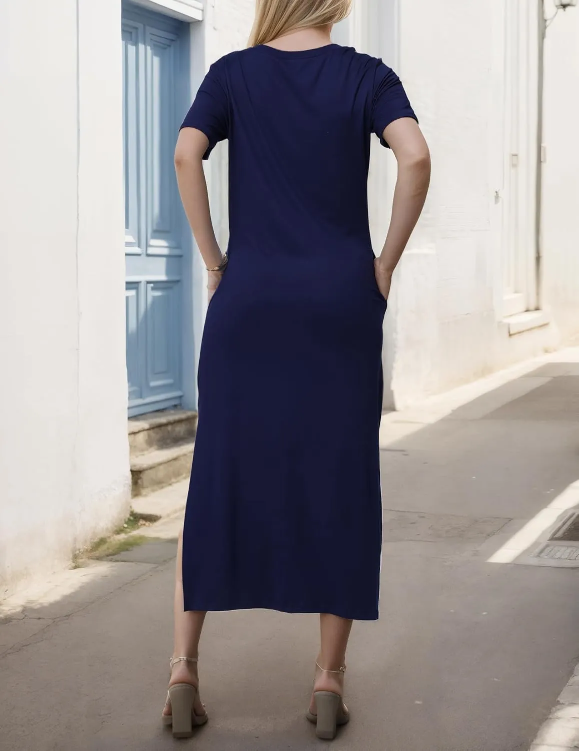 Womens Maxi Dresses Split Casual T Shirt Dress with Pockets Crew Neck Short Sleeve Summer Dresses