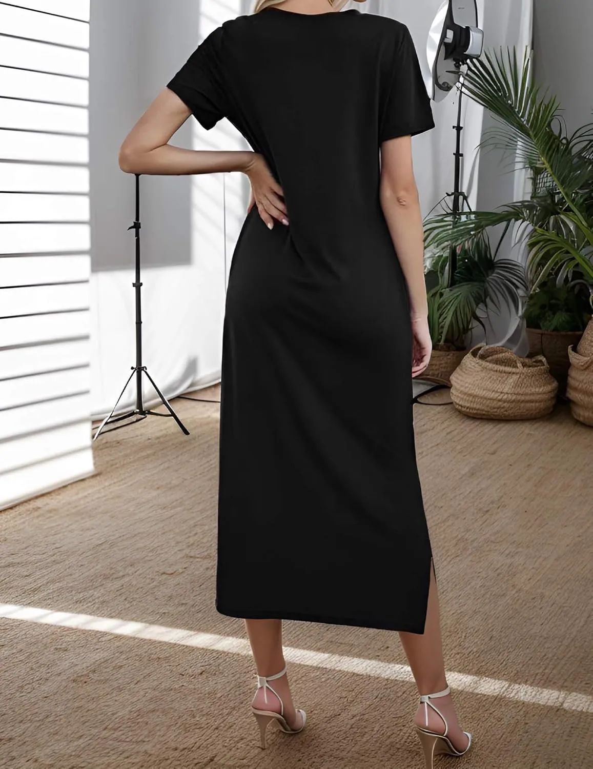Womens Maxi Dresses Split Casual T Shirt Dress with Pockets Crew Neck Short Sleeve Summer Dresses