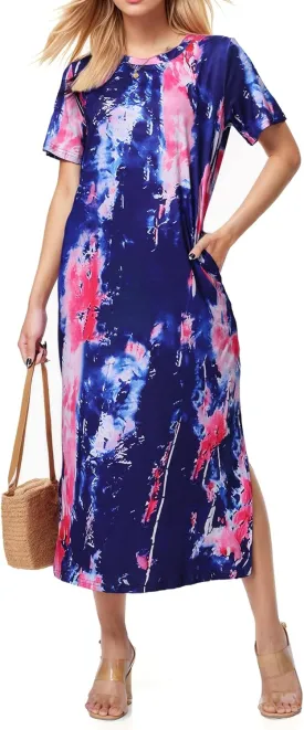 Womens Maxi Dresses Split Casual T Shirt Dress with Pockets Crew Neck Short Sleeve Summer Dresses