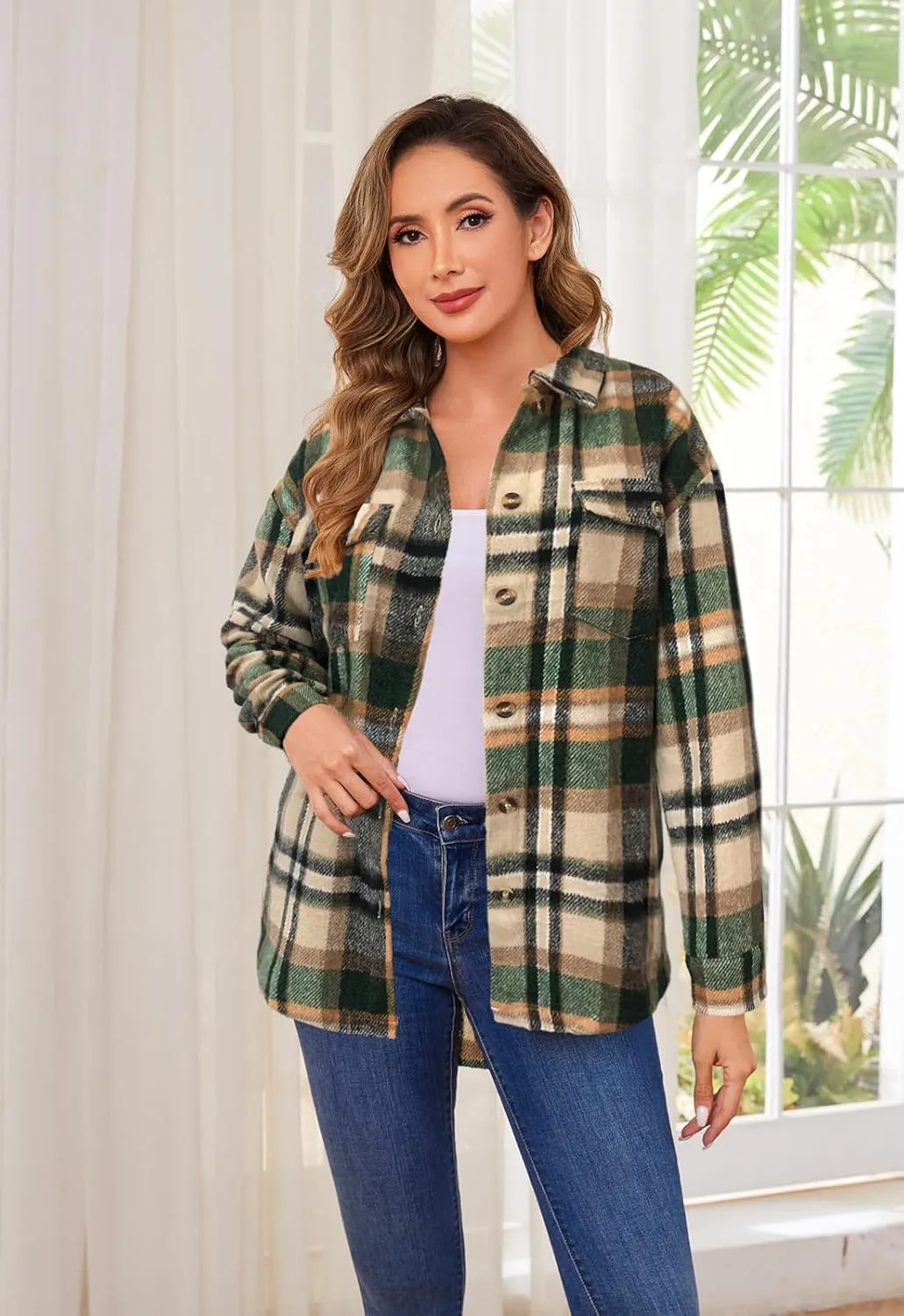 Women's Plaid Shacket Jacket Long Sleeve Button Down Shirt Outfits for Women