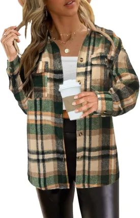 Women's Plaid Shacket Jacket Long Sleeve Button Down Shirt Outfits for Women